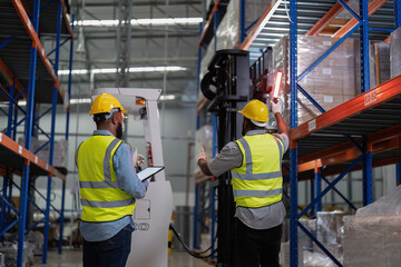 African american working in warehouse hold red light give signal to truck loading carton box