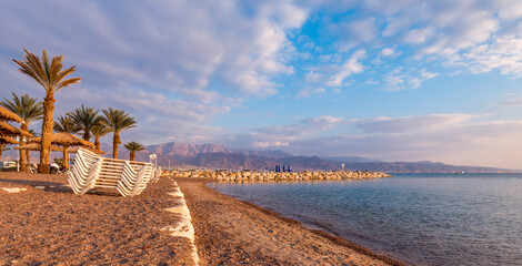 Public beach in Eilat - Israeli southernmost and famous tourist resort and recreational city,...