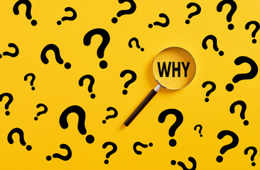 Searching for information, data, solution or answer. Magnifying glass magnifies the word why and question mark signs on yellow background. - obrazy, fototapety, plakaty