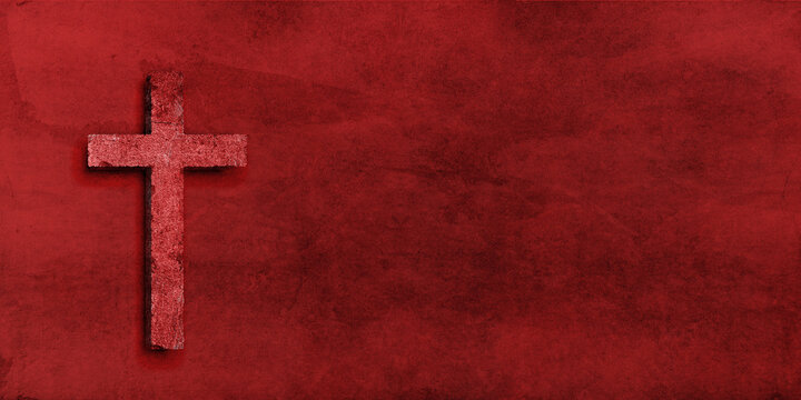 cross on red rough cement wall texture, christ god symbol sign wallpaper, pray hope faith belief theme, red grunge concrete background