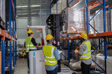 African american working in warehouse hold red light give signal to truck loading carton box