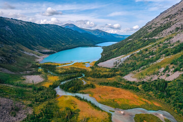 Aerial summer Landscape beautiful Multe lake in mountains Altai sunset, top view
