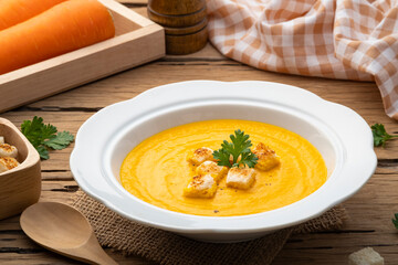 Tasty creamy Carrot Soup with croutons in bowl on wooden background,Healthy food