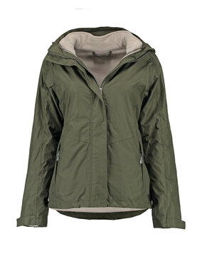 Khaki green jacket with a warm lining. Military style in clothes. Isolated image on a white background.