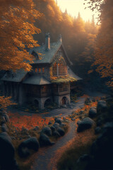 Obraz premium House in forest in autumn by generative AI