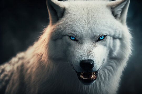 Closeup of angry white wolf with striking blue eyes. 