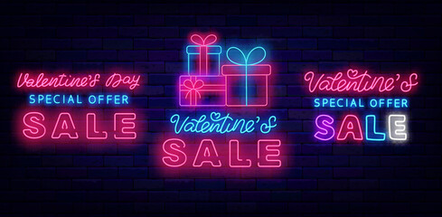 Happy Valentines Day Sale neon signs collection. Presents stack. Luminous advertisings set. Vector illustration