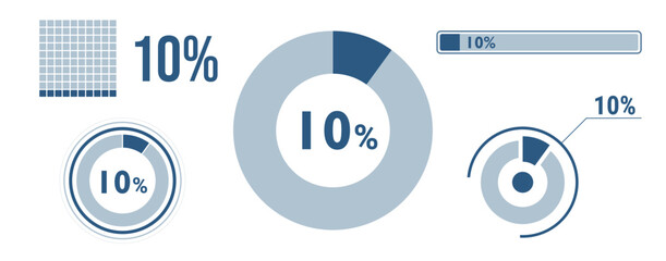 10% percentage infographic set. Ten circle diagram, pie donut chart, progress bar. 10 percent loading data icon. Vector concept collection.