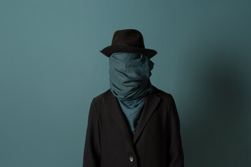 Naklejka na ściany i meble Nobody, the concept of the identity crisis. An impersonal person. The character is wearing a coat and hat, a scarf is wound all over the face. Turquoise background