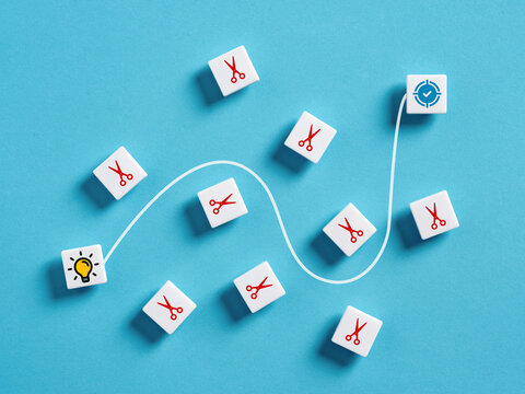 Idea realization, business innovation achievement and budget funding cuts. Corporate austerity or savings measures.