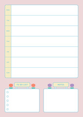 Fototapeta na wymiar Colorful, cute style weekly planner template. Note, scheduler, diary, calendar planner document template illustration.
