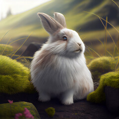 Obraz premium Cute young fluffy bunny sit on grass. Cloudy weather. Generative Ai Art.
