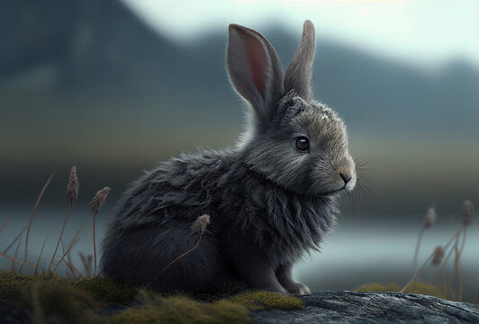 Cute young fluffy bunny sit on grass. Cloudy weather. Generative Ai Art.