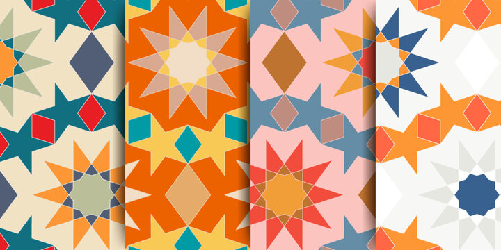 Arabic seamless pattern in multicolored palette. Arabic ornament. Arabic Muslim ethnic style. Ramadan wallpaper design. Moroccan style. Vector