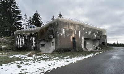 Old concrete infantry blockhouse Na Holem in Bartosovice, Czech Republic, on a gloomy cloudy day of...