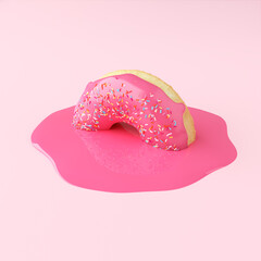 Pink donut melts on a pink background. Creative food concept. 3D rendering.