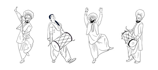 Punjabi people dancing vector outline celebrating Indian festival Lohri.