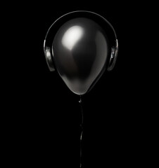 Black balloon with headphone on black background. Listening to music.