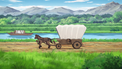 Naklejka premium Anime background landscape wallpaper old village, old city, old street.