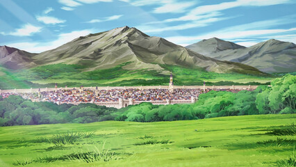Anime background landscape wallpaper old village, old city, old street.