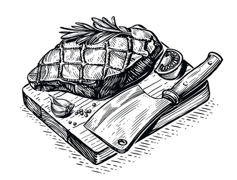 Grilled beef veal steak and knife cleaver on wooden cutting board. Grill food, engraved sketch vector illustration