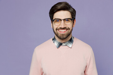Young smiling cheerful fun happy positive smart cheerful cool caucasian IT man he wear casual clothes pink sweater glasses look camera isolated on plain pastel light purple background studio portrait. - Powered by Adobe