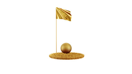 Gold golf ball on little gold grass field and golden flag 3D rendering