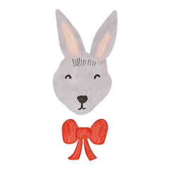 Gray rabbit head with red bow. Happy Easter spring watercolor hand painted cute illustration. Watercolor clipart