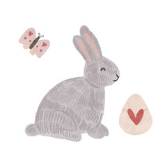 Easter rabbit with easter egg and butterfly. Happy Easter spring watercolor hand painted illustration. Watercolor clipart