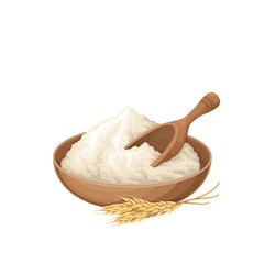 Wheat flour in bowl vector illustration. Cartoon wooden spoon in plate with pile of white flour and ears of grain, food ingredient and cereal product for baking bread in bakery and cooking pasta