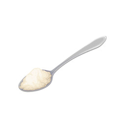 Spoon with flour vector illustration. Cartoon metal tablespoon with wheat flour pile for making dough and baking bread, cake in bakery and home kitchen, food ingredient to add to meal recipe - obrazy, fototapety, plakaty
