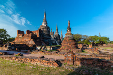 Fototapeta premium Aerial view of temples in the province of Ayutthaya Ayutthaya Historical Park Thailand 