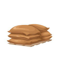 Burlap sacks vector illustration. Cartoon pile of heavy bags full of agricultural food products on wooden pallets, storage of rice and wheat grains, coffee and sugar in big sacks of brown material