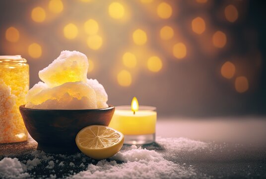 illustration of spa skin care product , lemon honey salt scrub in cup with  candle bokeh light background