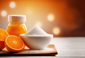illustration of spa skin care product ,orange salt scrub in cup with bokeh light background