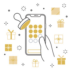 手に持ったスマートフォンのアプリ スタンプカード プレゼントのアイコンセット