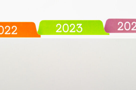 A File folders with selective focus a tab labeled 2023.