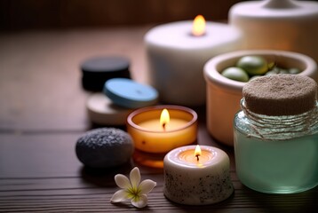 illustration of spa skin care product  on wooden table with candle light