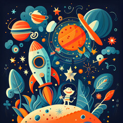 Beautiful Space Planets And Rockets Pattern. Illustrator Generative AI