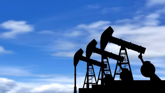 Three working oil pump on blue blur sky background. Crued oil animation.