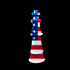 Fototapeta na wymiar USA flag on chess king figure. 3D render illustration.