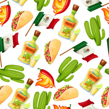 Mexican food and symbols seamless pattern vector illustration. Cartoon Mexican taco with meat and cheese, tequila in bottle and glass with lime and alcohol drink, nopal cactus and flag of Mexico