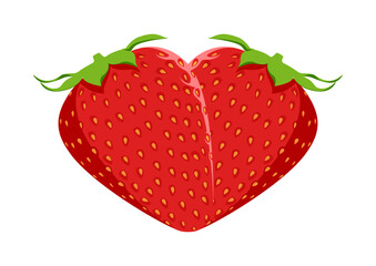 Two fresh cartoon strawberries together in heart shape. Symbol of freshness, love, romance for healthy lifestyle, Valentine's or Mother's Day.