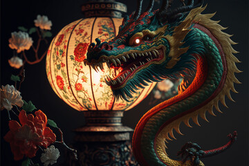 Obraz premium Chinese dragon head and flashlight , Chinese new year art, traditional illustration