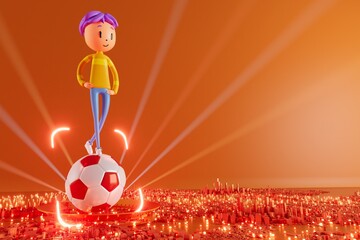 action cartoon 3d character. boy in sports action. 3d illustrator. colorful human design. happy face. sport object rendering. fitness activity. health concept. copy space background. soccer ball