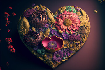 Obraz na płótnie Canvas Multicolored flowers in the shape of a heart, gift for March 8, colorful 3d illustration generated by ai 
