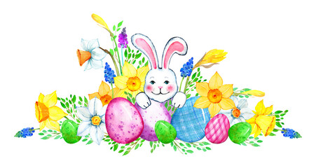 Cute Easter eggs and bunny  hand painted in watercolor. Cartoon colorful spring elements isolated on white. Easter decoration, greeting, card, stickers, sublimation, invitation