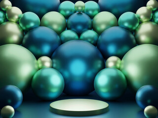3D render template of golden cylindrical podium for the object, background of blue, gold balls of different sizes