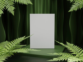 3D rendering of a template for an object, stands on a podium in the form of a parallelepiped, a wavy curtain at the back, fern leaves in the corners, in green matte tones