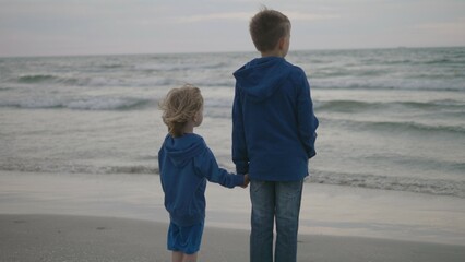 Brothers with back standing on beach, windy whether